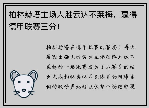 柏林赫塔主场大胜云达不莱梅，赢得德甲联赛三分！