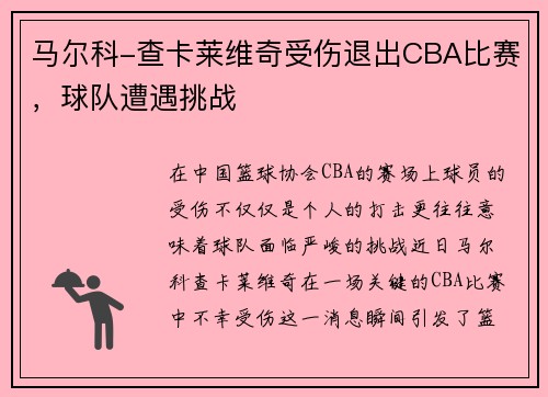 马尔科-查卡莱维奇受伤退出CBA比赛，球队遭遇挑战